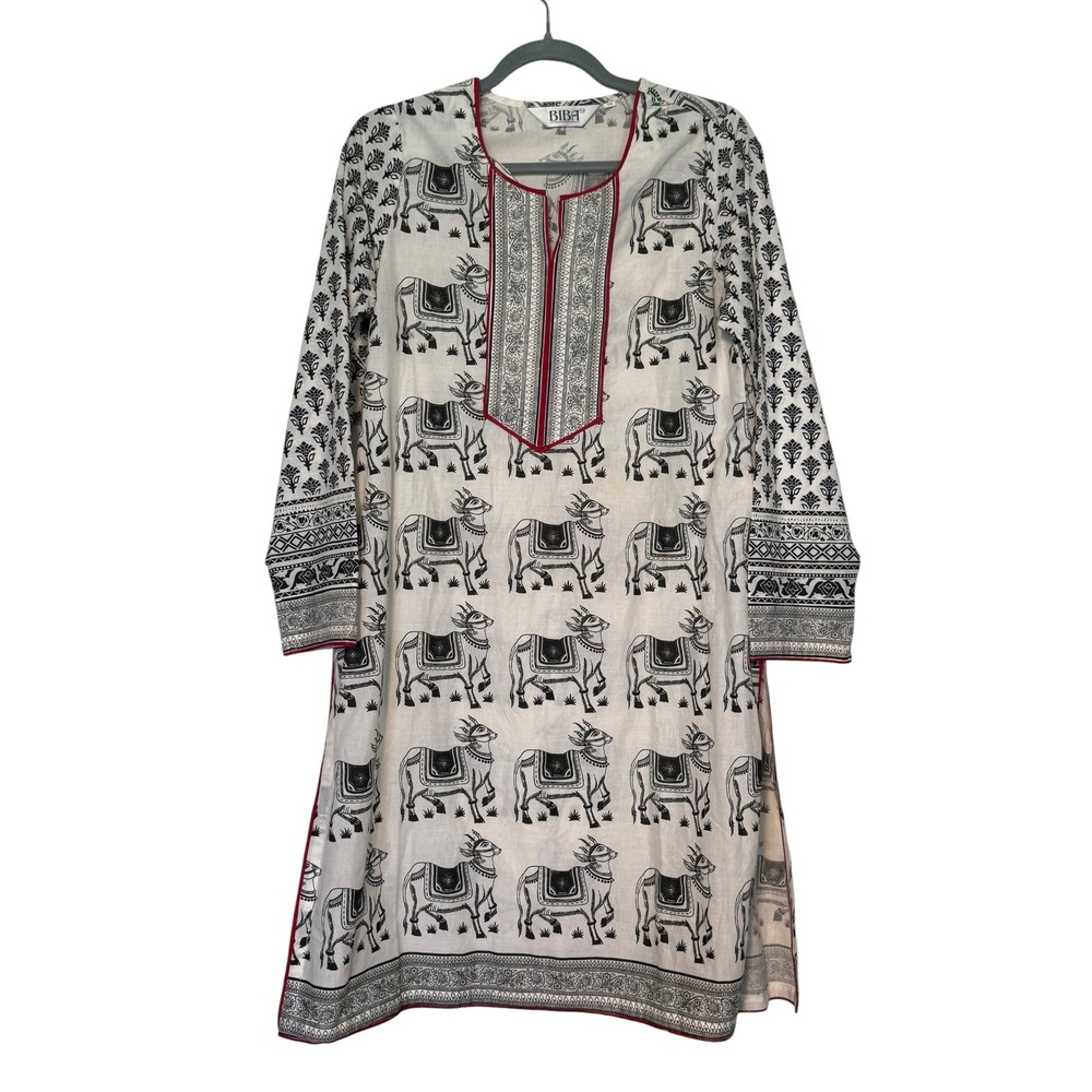 Biba Indian Kurti Tunic Top Off White Black Cow Print Cotton Light Boho